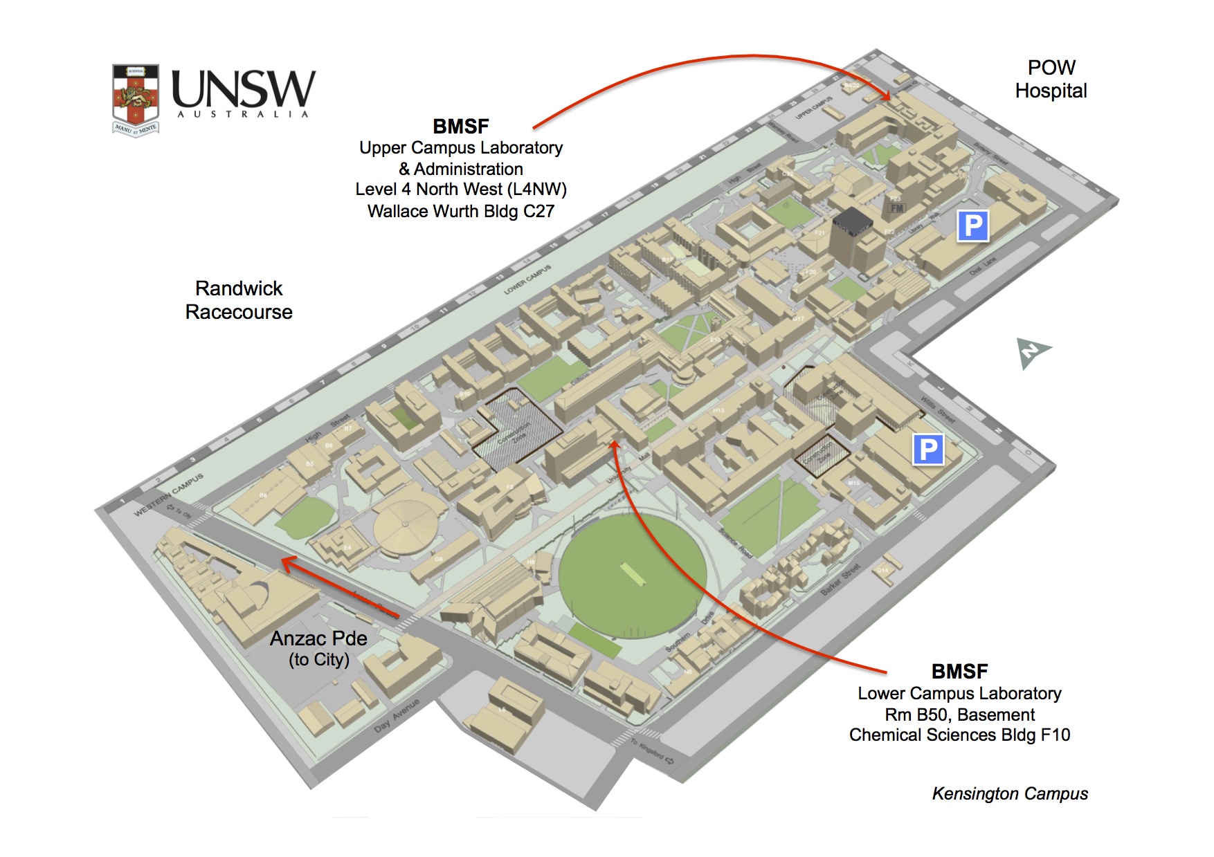 Kensington Campus Map - arrows indicate 2 locations for BMSF.