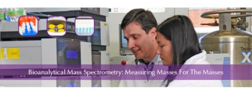 Image of BMSF Director, A/Prof. Mark Raftery, and a student working on an LC/MS with the text "Bioanalytical Mass Spectrometry: Measuring Masses For The Masses."